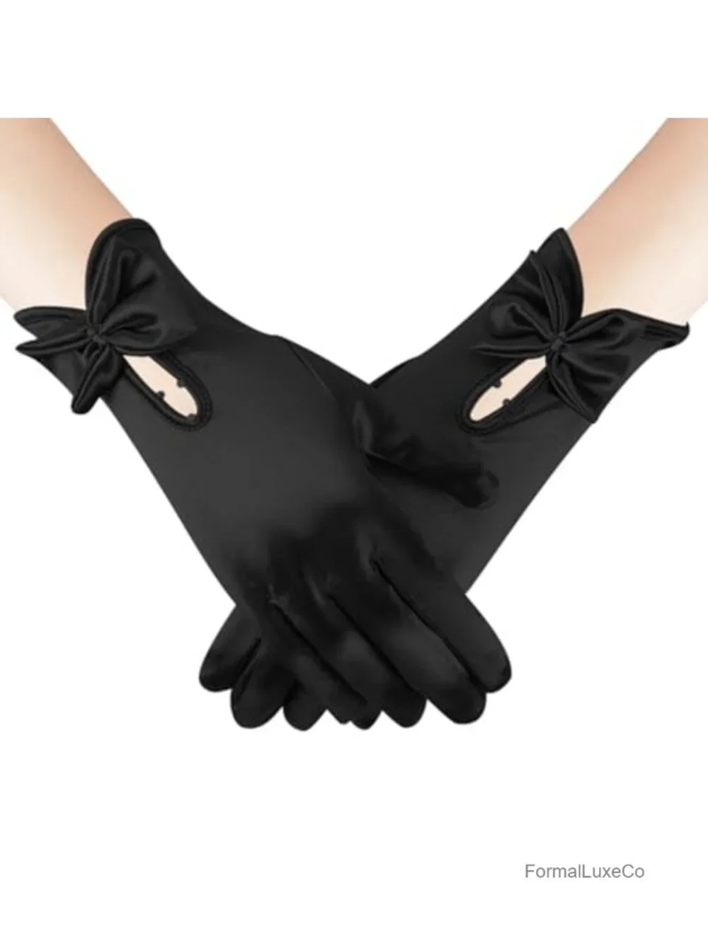 Women's Satin Opera Gloves with Bow & Pearl, Stretchy Bridal Party